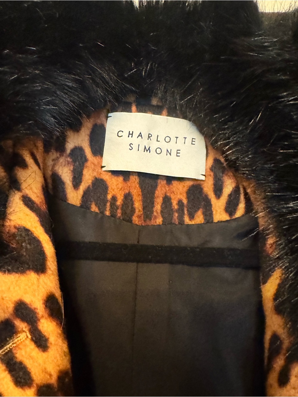 Charlotte Simone Edie Leopard Print Faux Fur Trim Coat - Black & Pink cuffs! - Picture 5 of 9